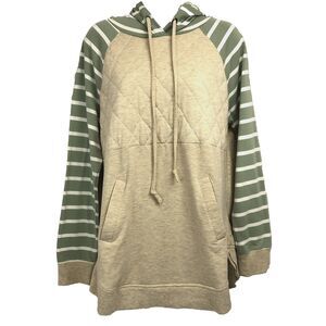 Maurices Size Large Green/Beige Striped Fleece Soft Hoodie Pocket Drawstring